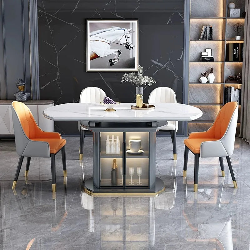Luxury Modern Wooden Extendable Foldable Round Marble Dining Table Chair Set.